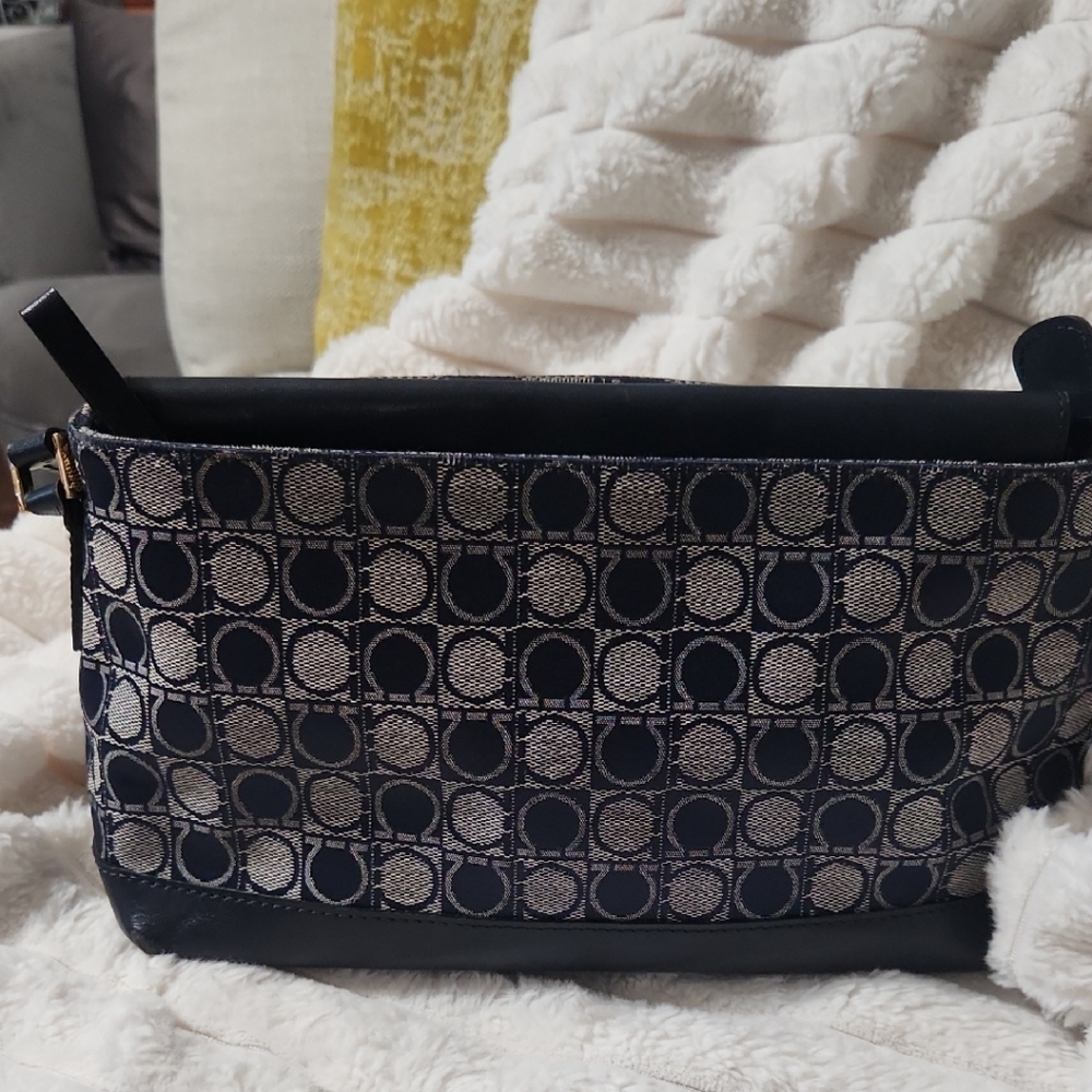 Salvatore Ferragamo Navy and Cream Gancini Jacquard Mini Shoulder Bag